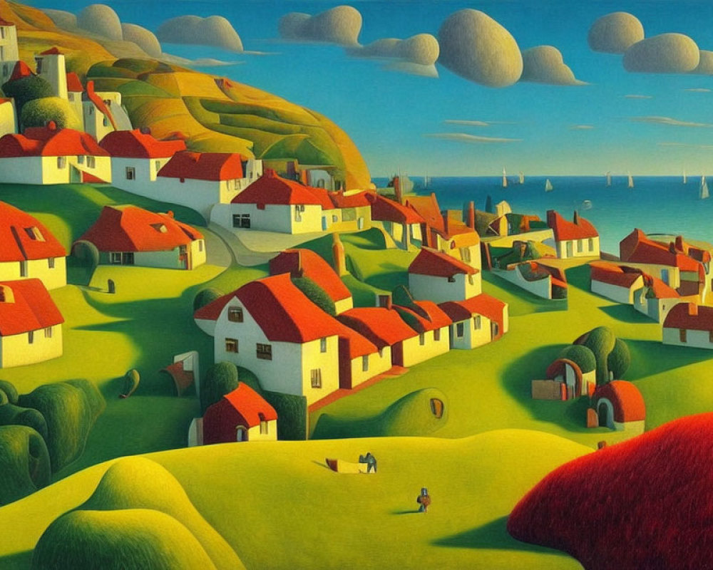 Stylized coastal village painting with rolling hills and red-roofed houses.