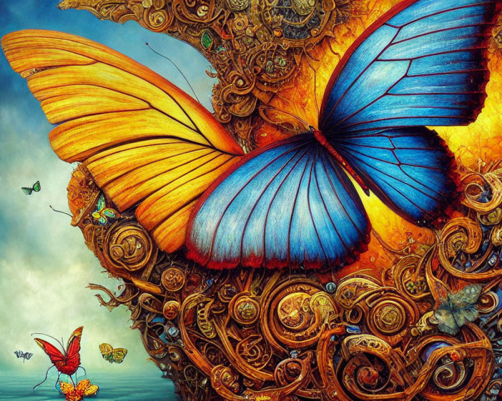 Colorful large butterfly artwork with intricate patterns and smaller butterflies in dreamy setting