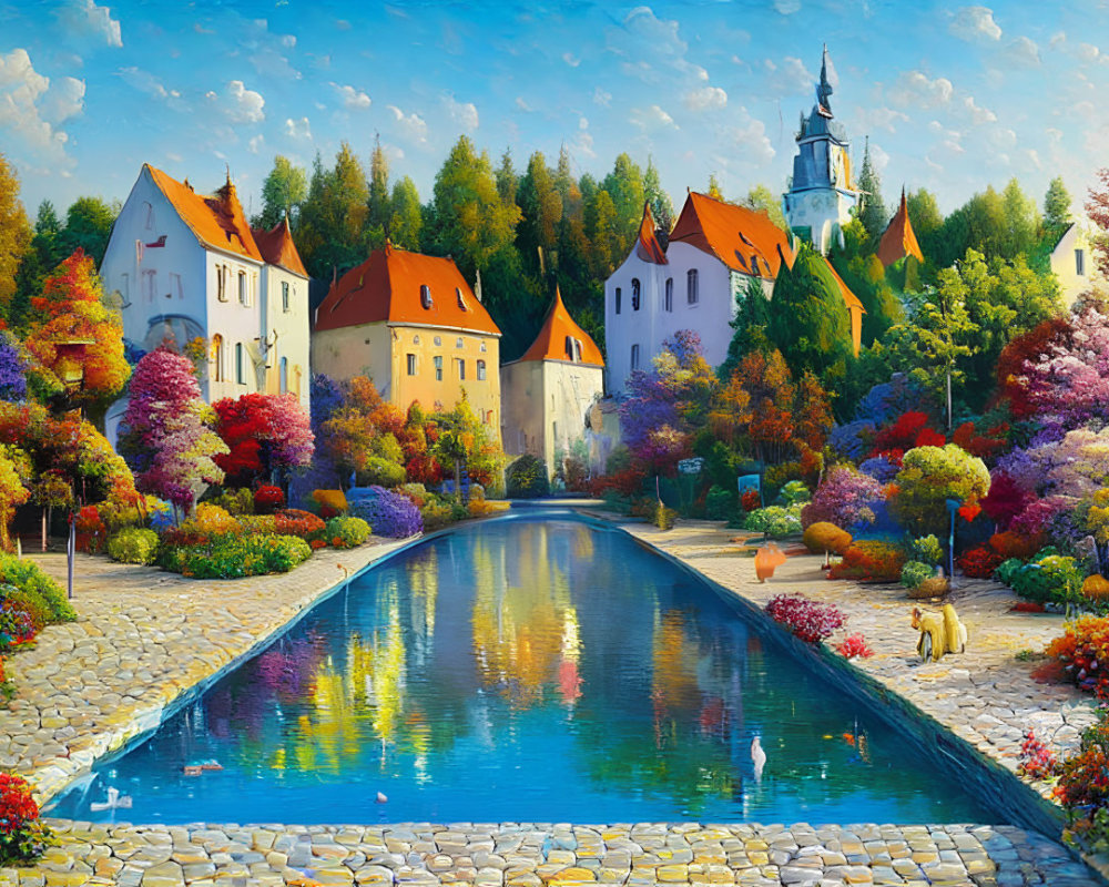 Colorful village painting with flora, cobblestone path, canal, houses, and church tower