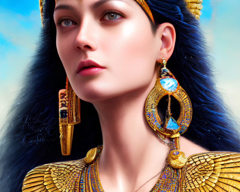 Digital portrait of woman as Egyptian pharaoh with headdress, necklace, and earrings against sky.