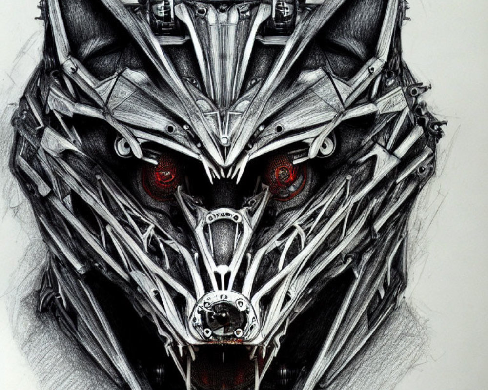 Detailed pencil drawing of a wolf with mechanical parts and red eyes blending organic and cybernetic elements in