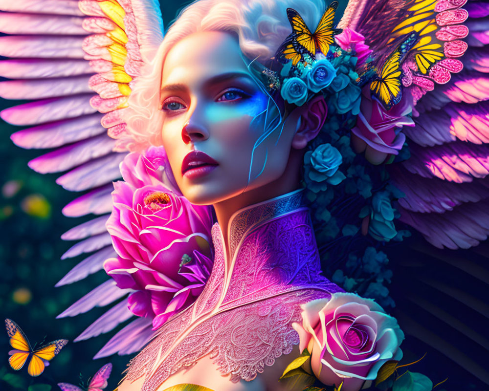 Vibrant female figure with ethereal wings, flowers, butterflies, and glow