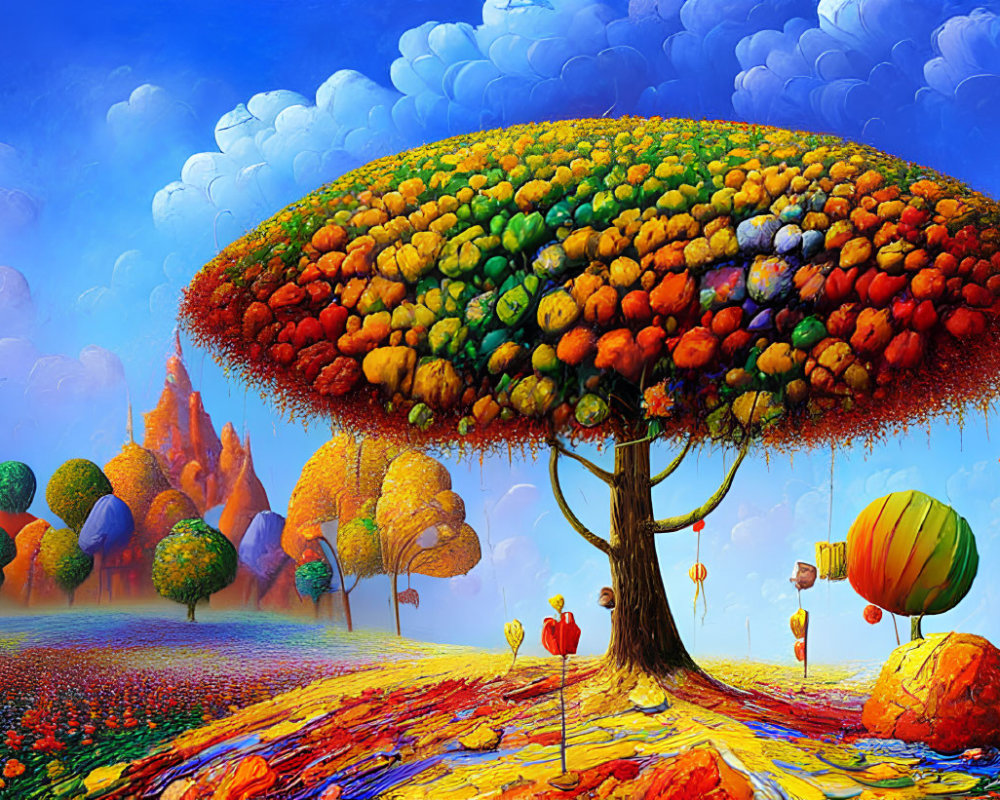 Colorful tree with mushroom-like canopy in whimsical landscape