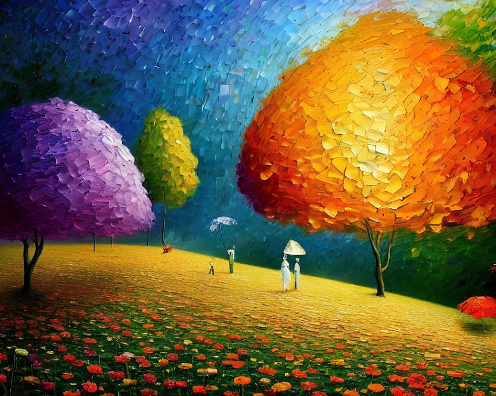 Vibrant impressionist park painting with colorful trees, people, and flower pathway.