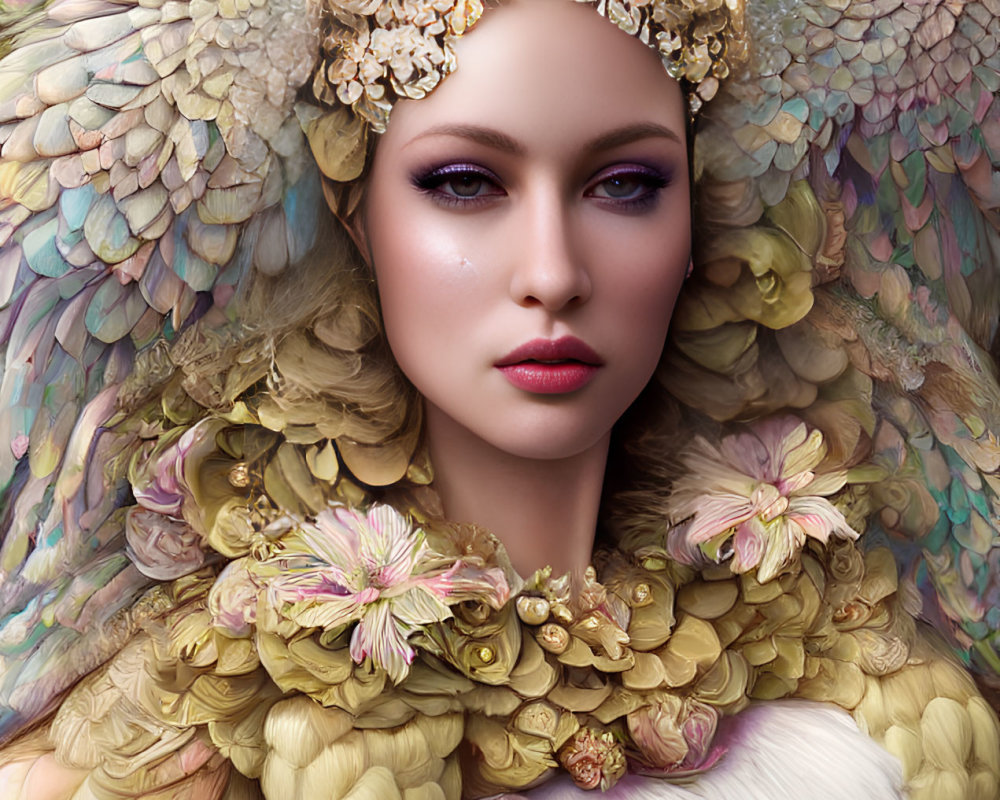 Portrait of woman with pastel feathers and floral accents embodying ethereal bird-like creature.