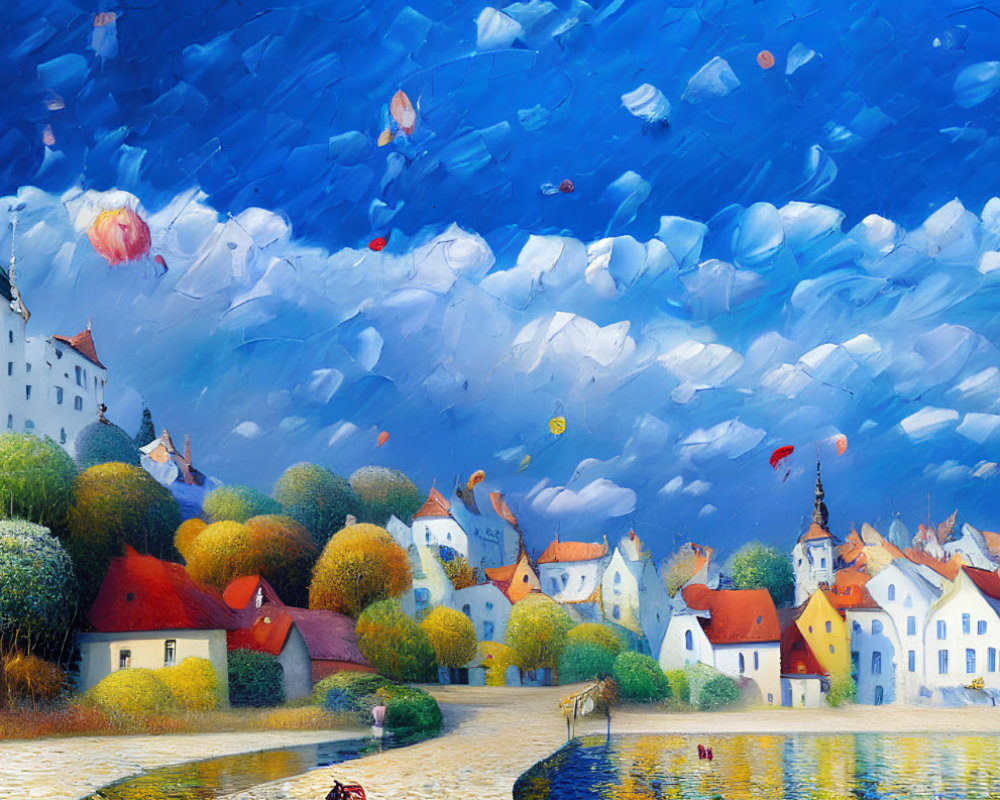 Colorful European Village Painting with Whimsical Sky & Jellyfish-like Forms