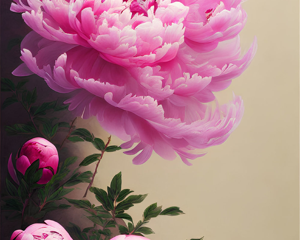 Detailed painting of large pink peony with Asian script