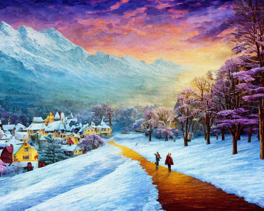 Snowy village painting: vibrant dusk scene with purple trees, couple walking, and majestic mountains.