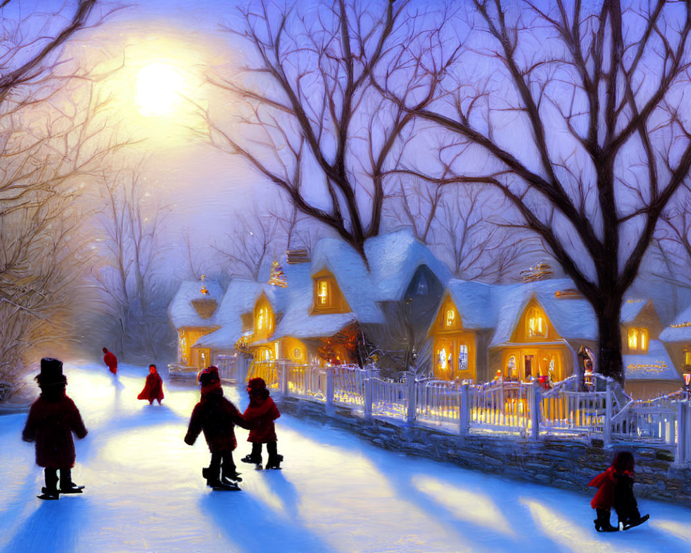 Charming village scene with moonlit cottages and ice skaters