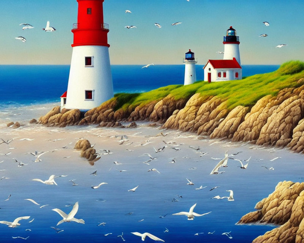 Twin red-and-white lighthouses on cliffs with flying seagulls in serene ocean view