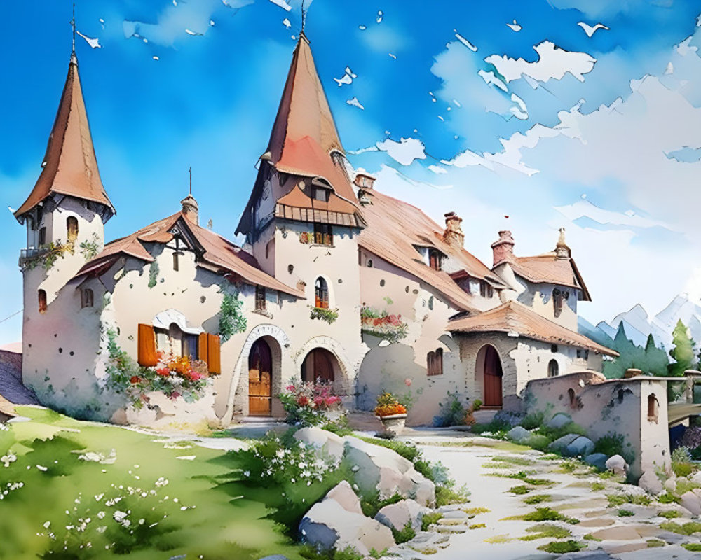 Enchanting castle illustration in pastoral setting with mountains