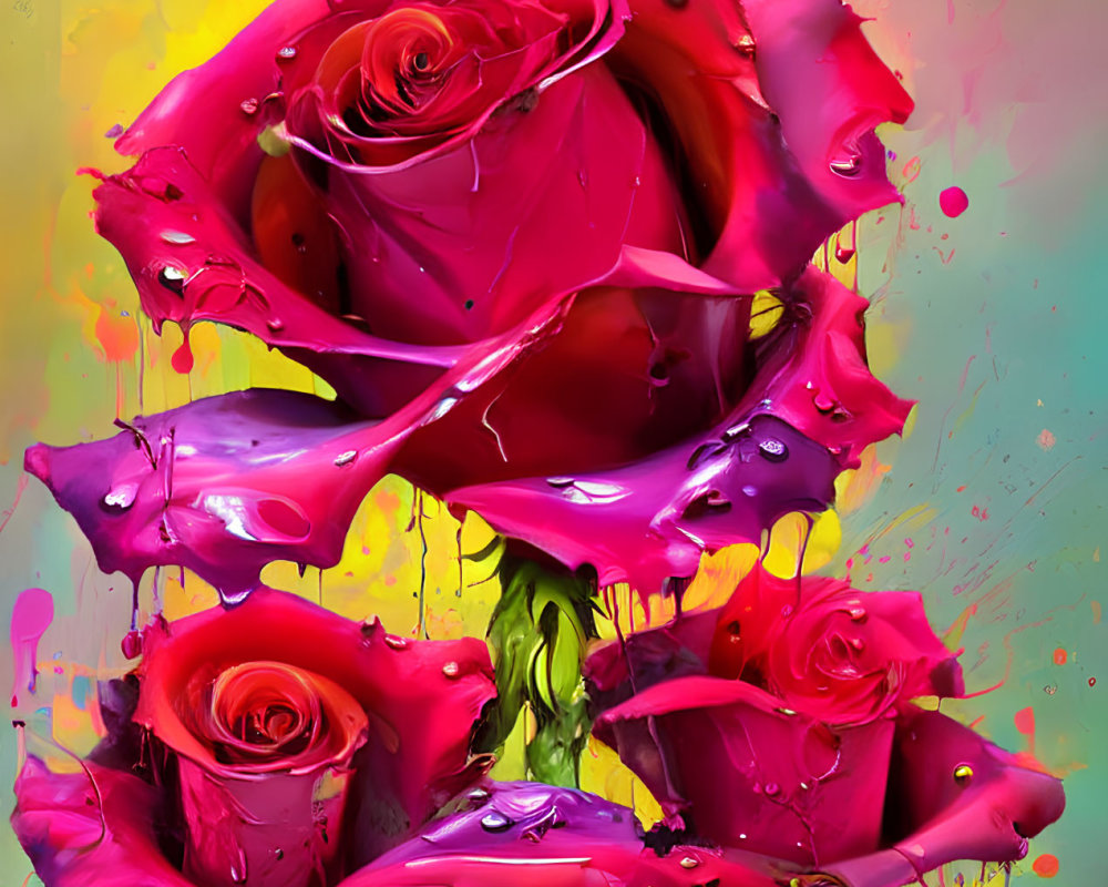 Colorful Abstract Digital Art: Three Red Roses with Dripping Paint