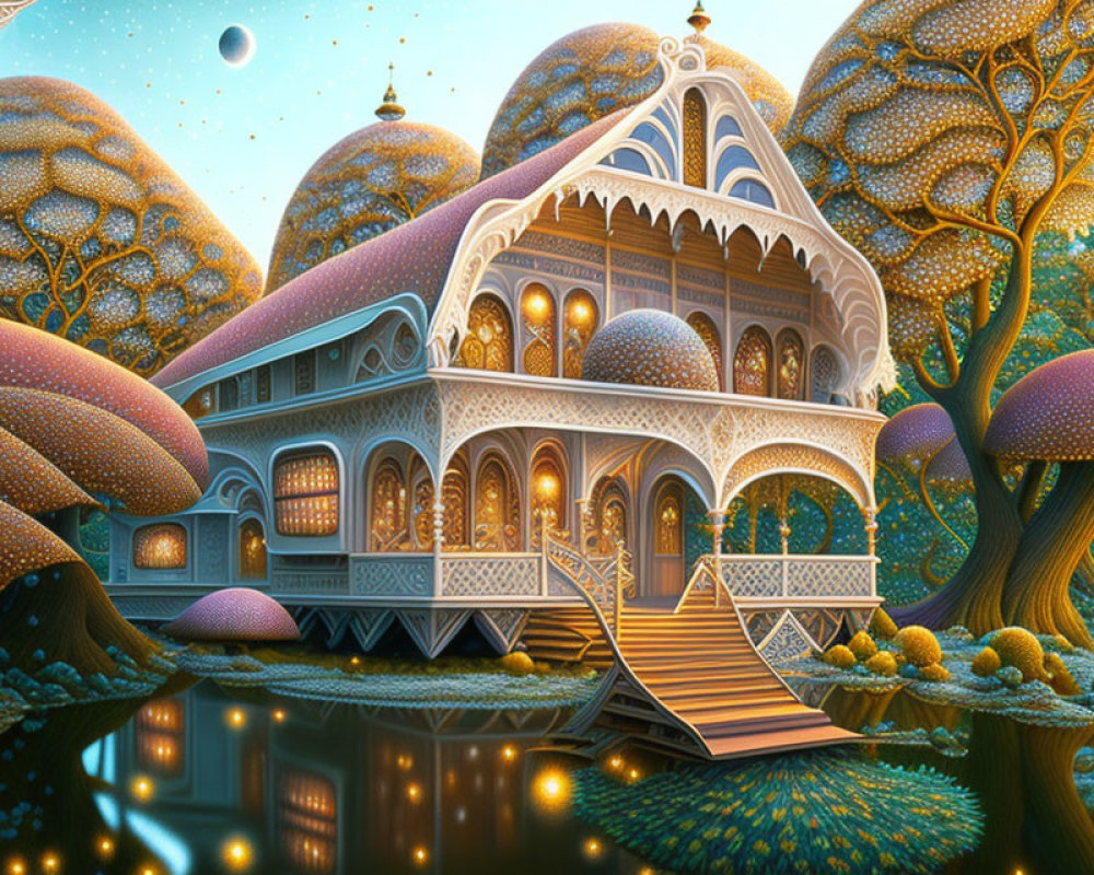 Ornate fantasy house with whimsical trees under starry sky