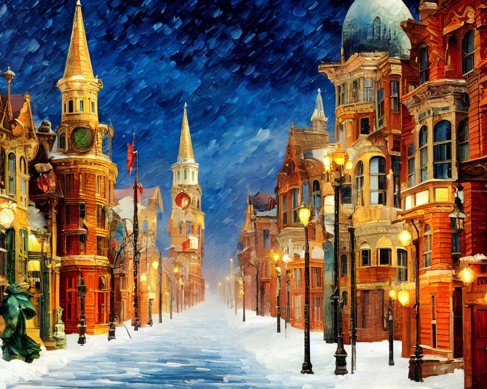 Victorian-style buildings on snow-covered street with glowing streetlamps at night