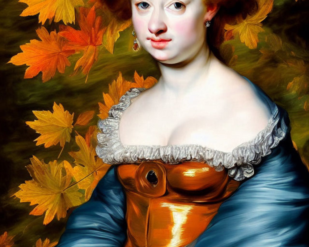 Classical portrait of lady in blue satin gown with tiara against autumnal leaf backdrop