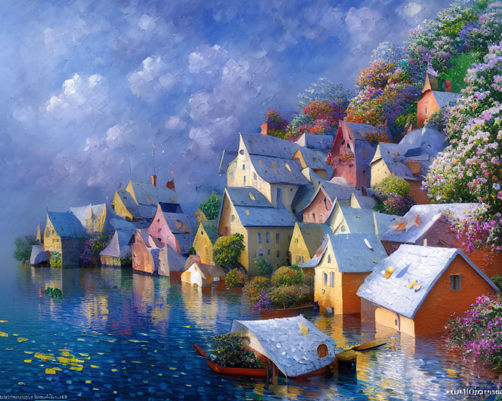 Pastel-colored village painting with submerged houses and lush flora