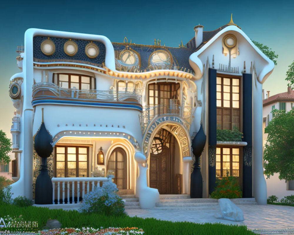 Cartoon-style two-story house in soft blue and white colors with warm lights in a manicured garden