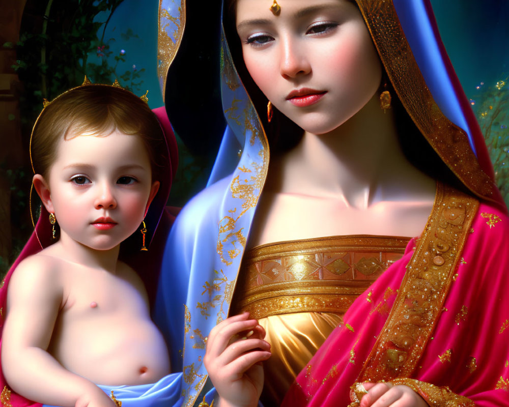 Digital artwork of woman in traditional Indian attire with child, vibrant colors & intricate details