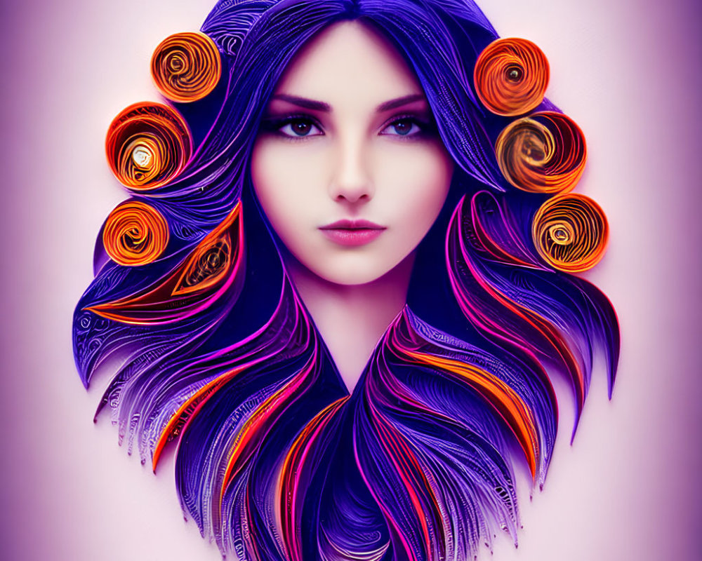 Vibrant purple hair woman with intricate swirl patterns on soft purple backdrop