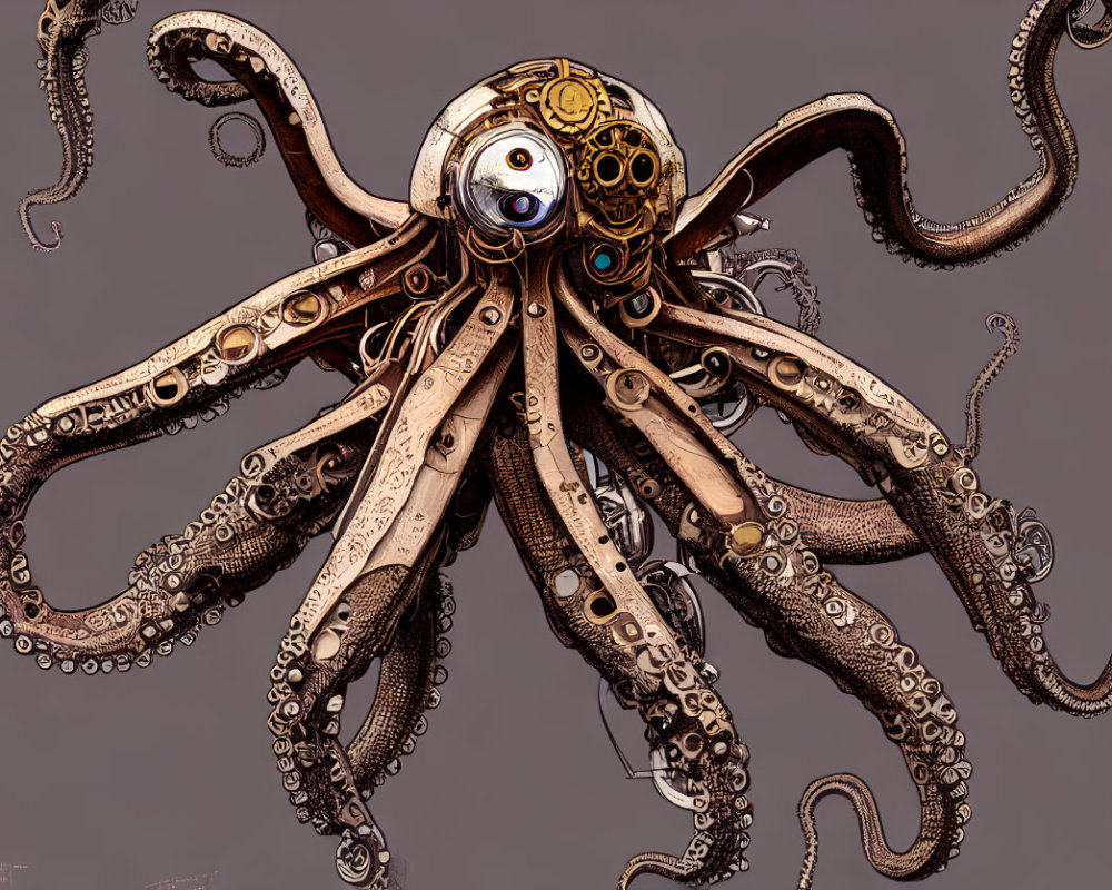 Steampunk-style octopus illustration with brass textures and gear eyes