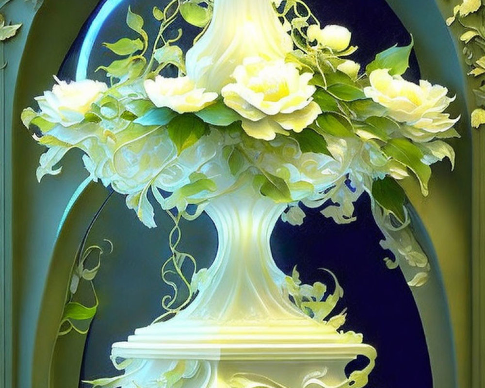 White Roses and Green Leaves in Decorative Vase on Blue Background