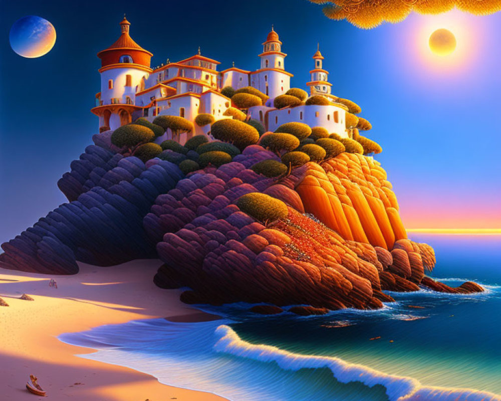 Surreal landscape with castle, terraced cliffs, two moons, starry sky, and serene