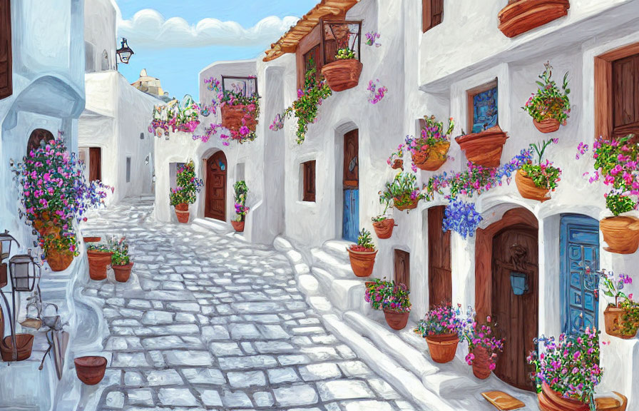 Scenic narrow street with white-washed buildings, vibrant flowers, cobblestone pavement, and blue