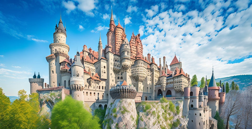 Panoramic view of fairy-tale castle on lush hill