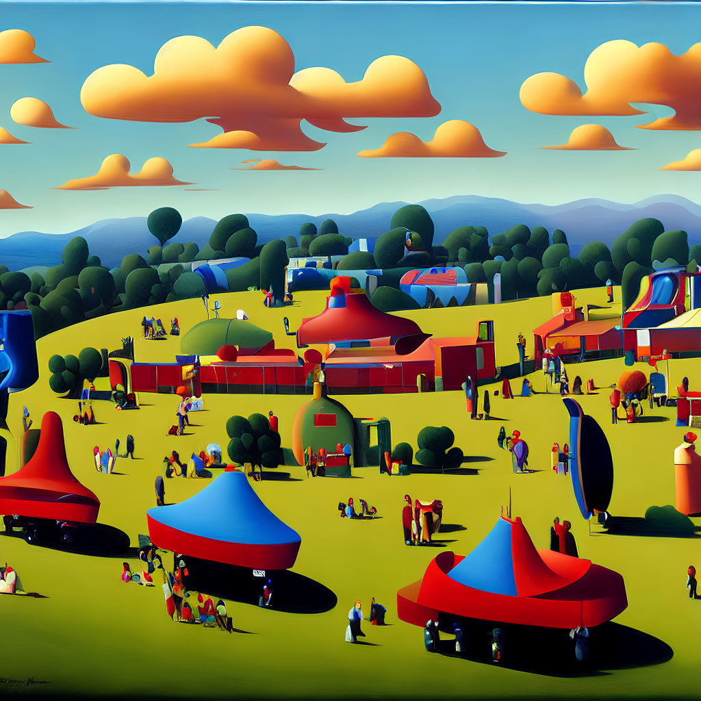 Colorful painting of festive outdoor scene with tents, people, and whimsical clouds