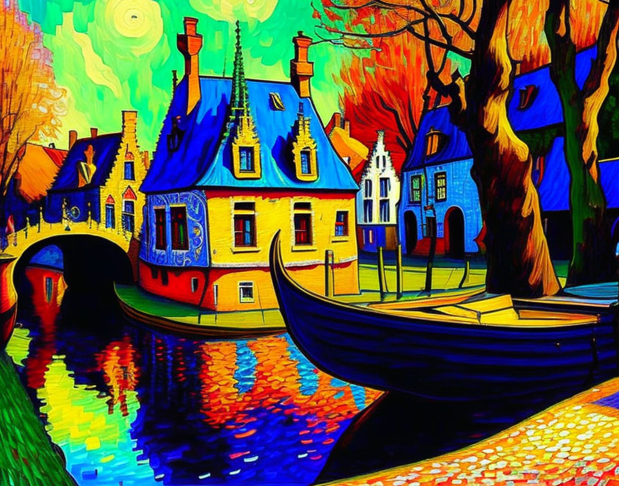 Colorful expressionist painting of historic buildings and canal with boat