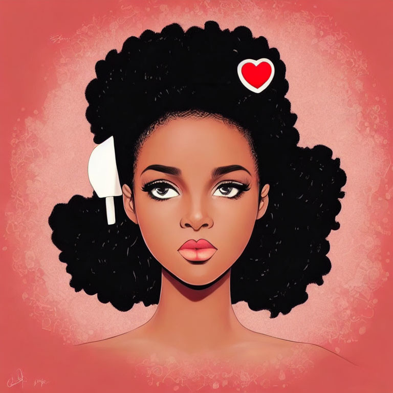 Woman with Voluminous Curly Black Hair and Red Heart on Pink Background