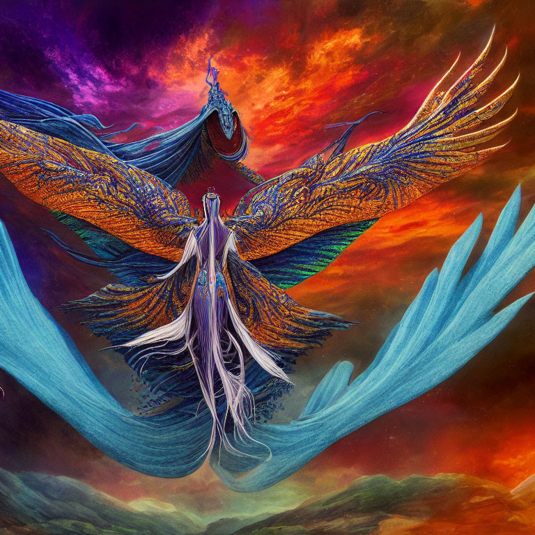 Ethereal figure in flowing robes with ornate wings against sunset sky