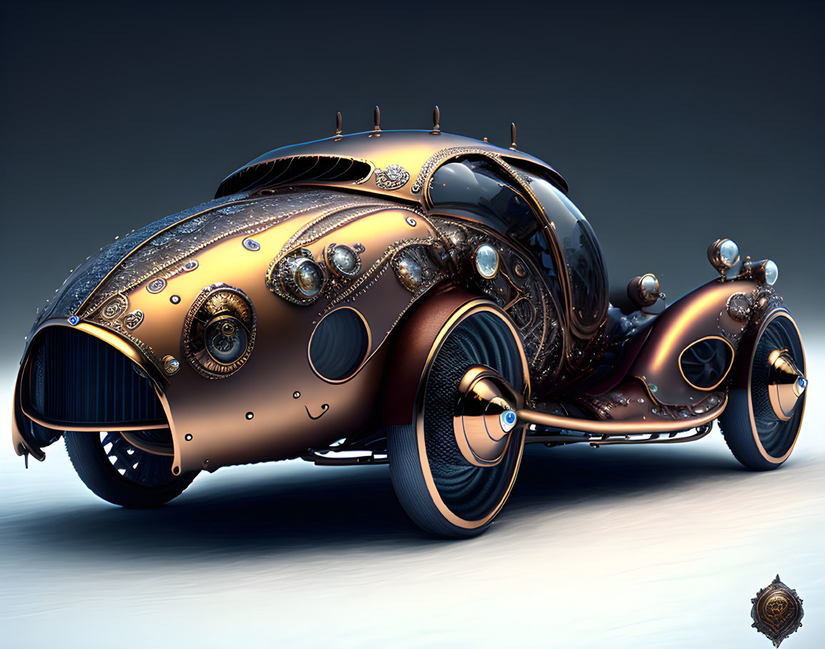 Detailed Steampunk-Inspired Vehicle Against Gradient Background