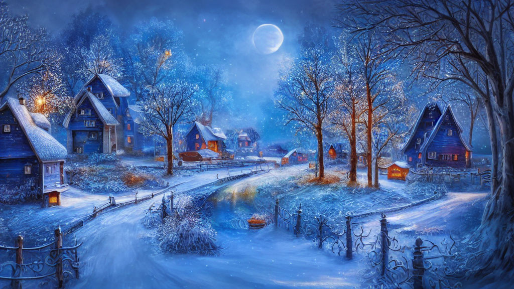 Snow-covered village under full moon on winter night