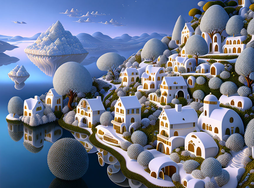 Fantastical village with dome-shaped houses on water under blue sky