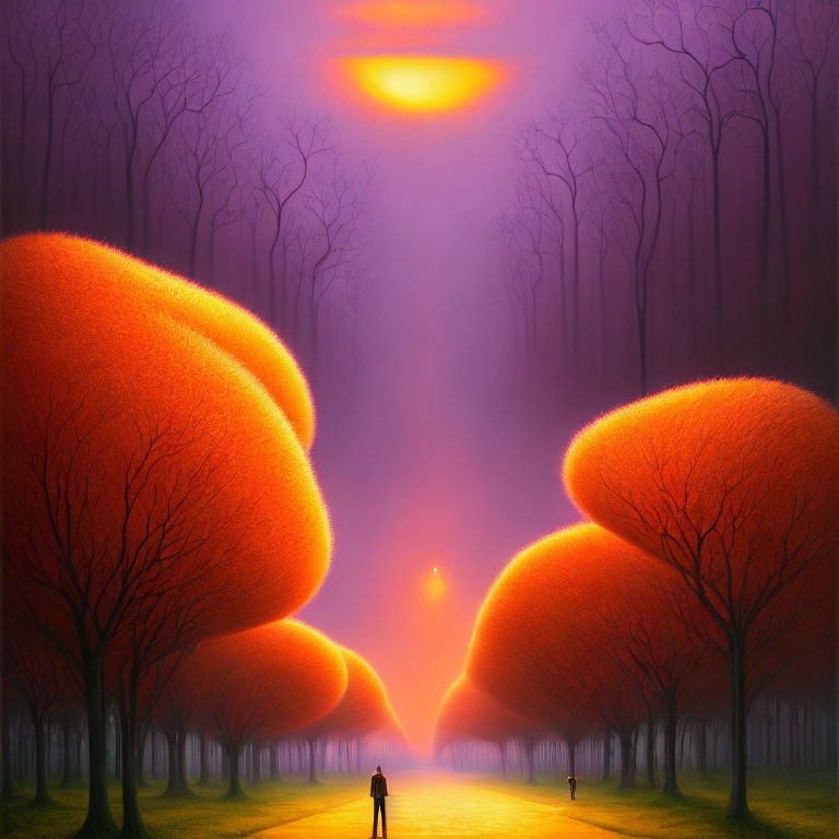 Person walking through mystical forest with vibrant orange dome-shaped trees under oversized sunset