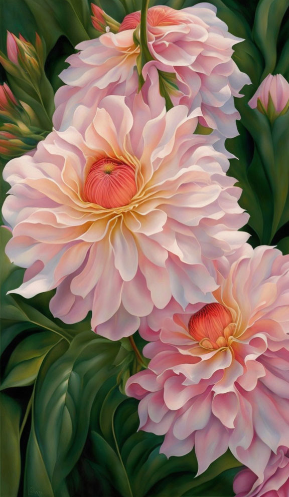 Detailed Pink Peonies Painting with Green Leaves