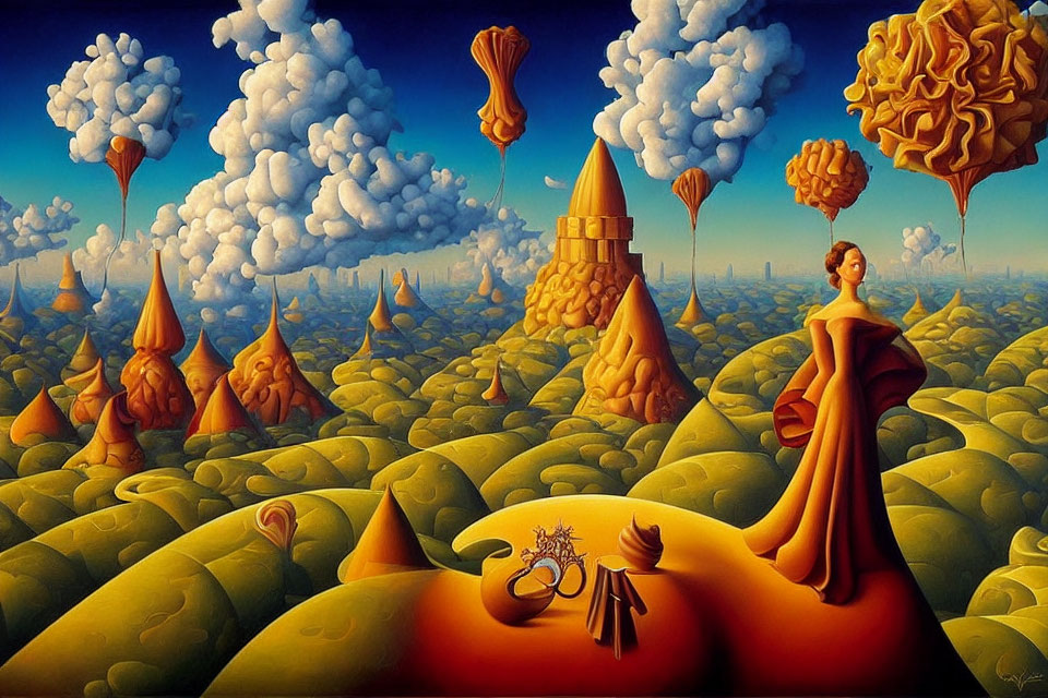 Surrealist landscape with orange structures, woman, bicycle, brain-like clouds.