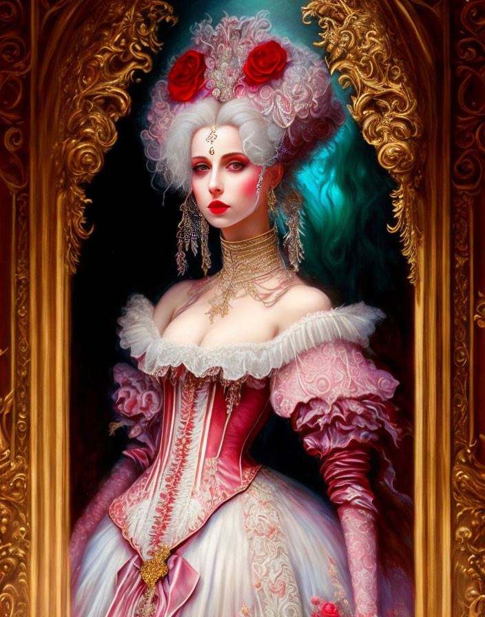 Elaborate Rococo fashion portrait of a woman with high white wig and jeweled bindi