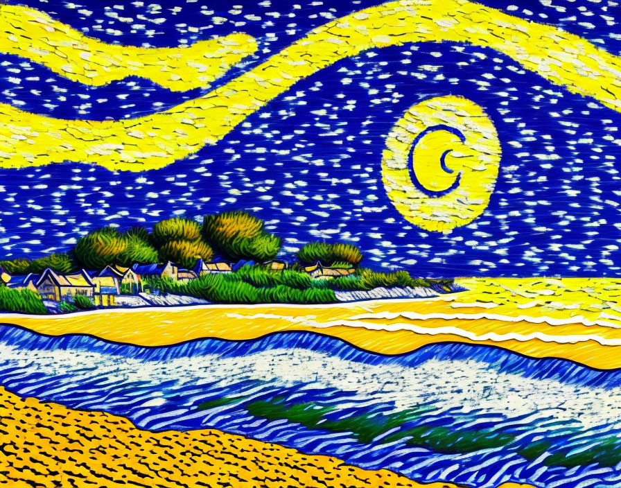 Vibrant interpretation of swirling night sky with village and waves.