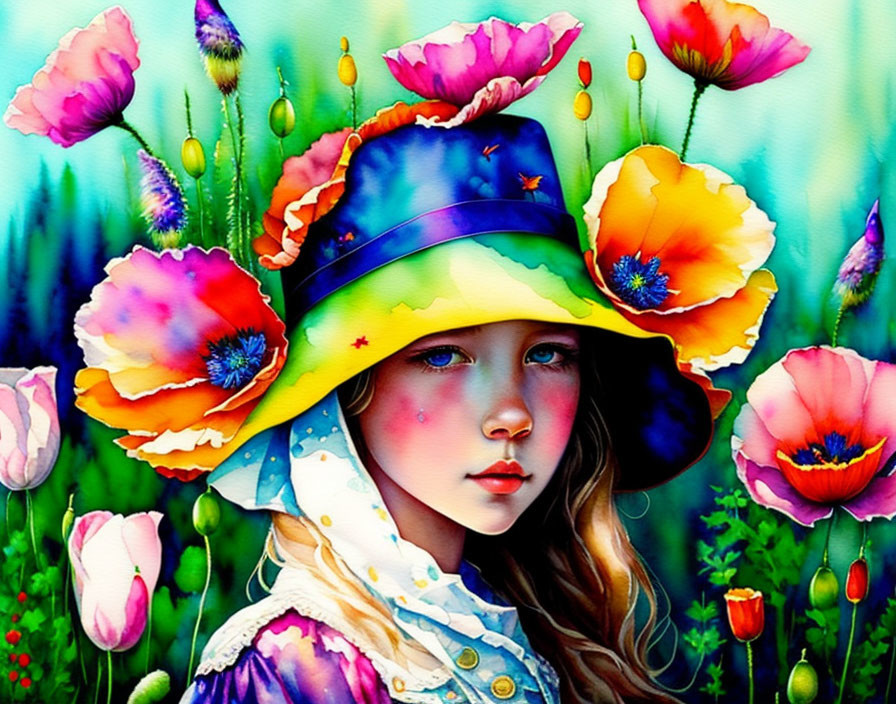 Colorful Hat Girl with Striking Blue Eyes and Flowers