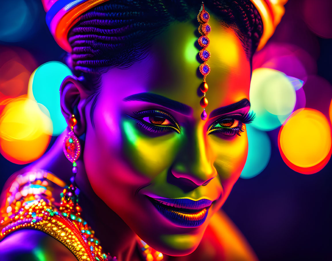 Colorful portrait featuring woman with intricate jewelry, neon makeup, and bokeh lights.