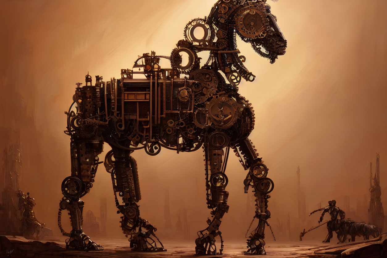 Steampunk-style mechanical horse dwarfs figure on horseback in gear-filled landscape