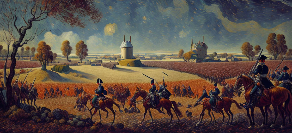 Panoramic autumn landscape with windmills, soldiers on horseback, and golden fields