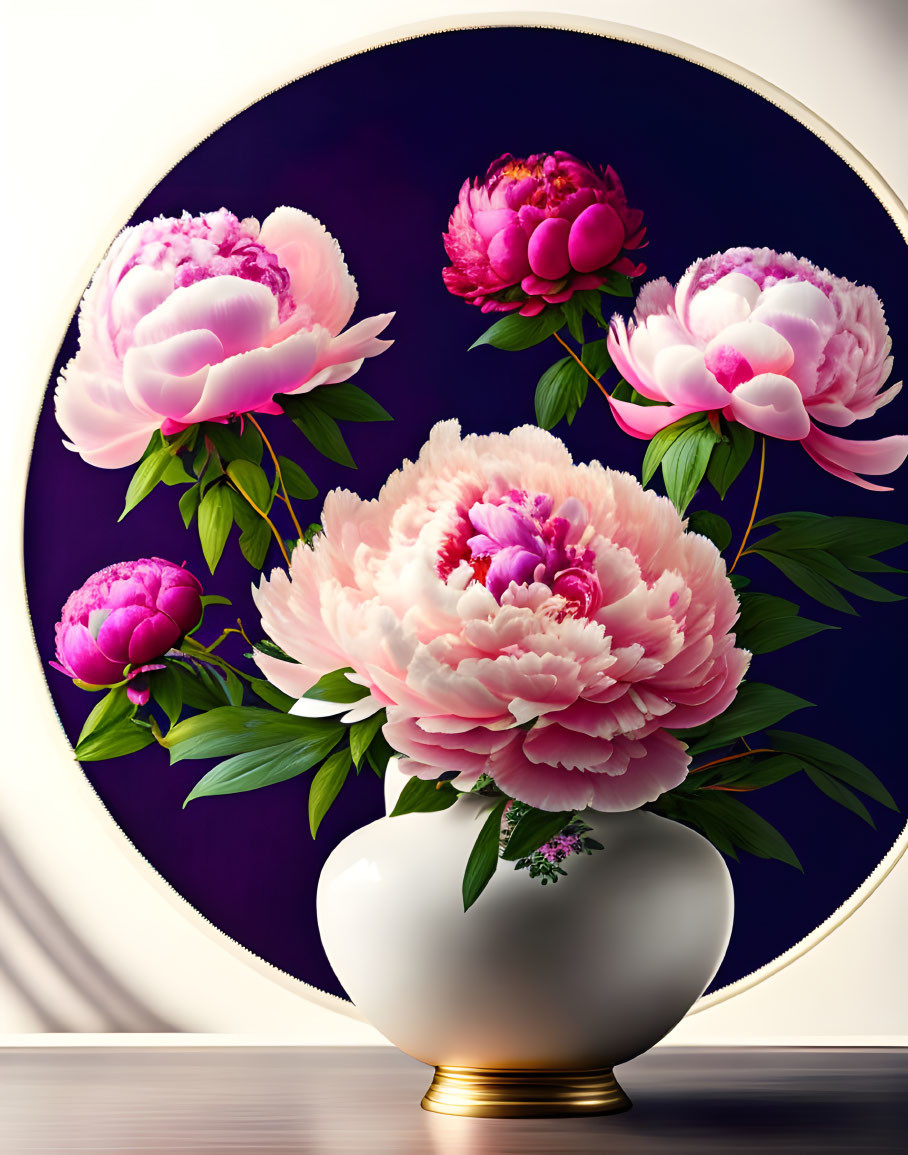 White Vase with Pink Peonies in Gold Frame on Dark Background