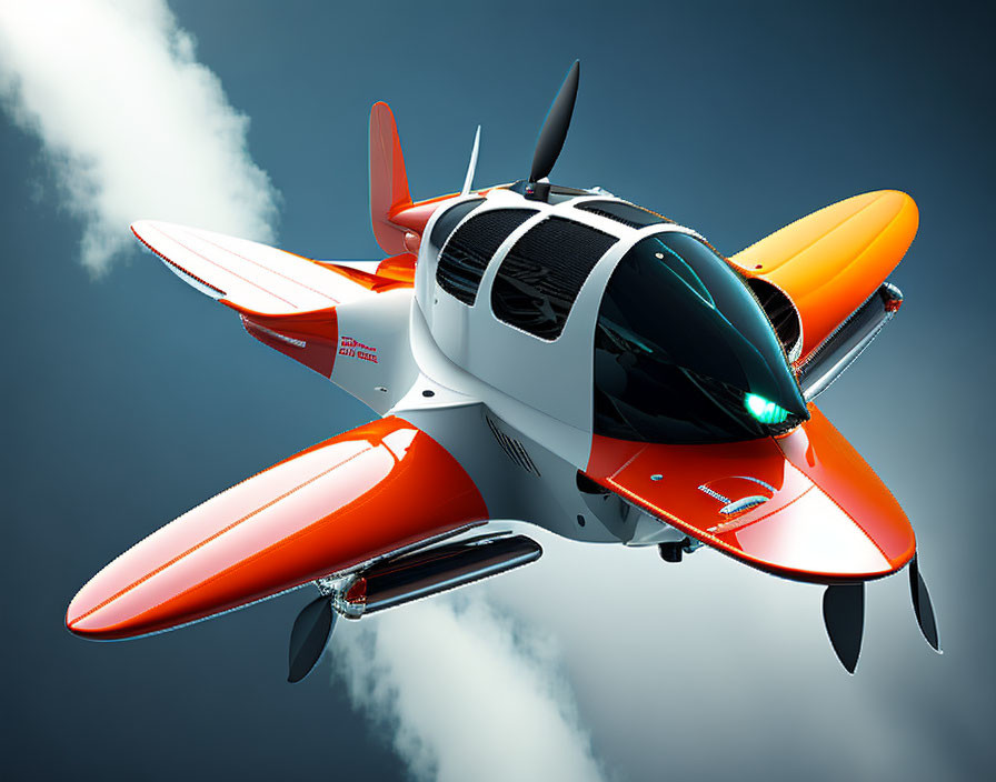 Futuristic Orange and White Airplane in Cloudy Sky