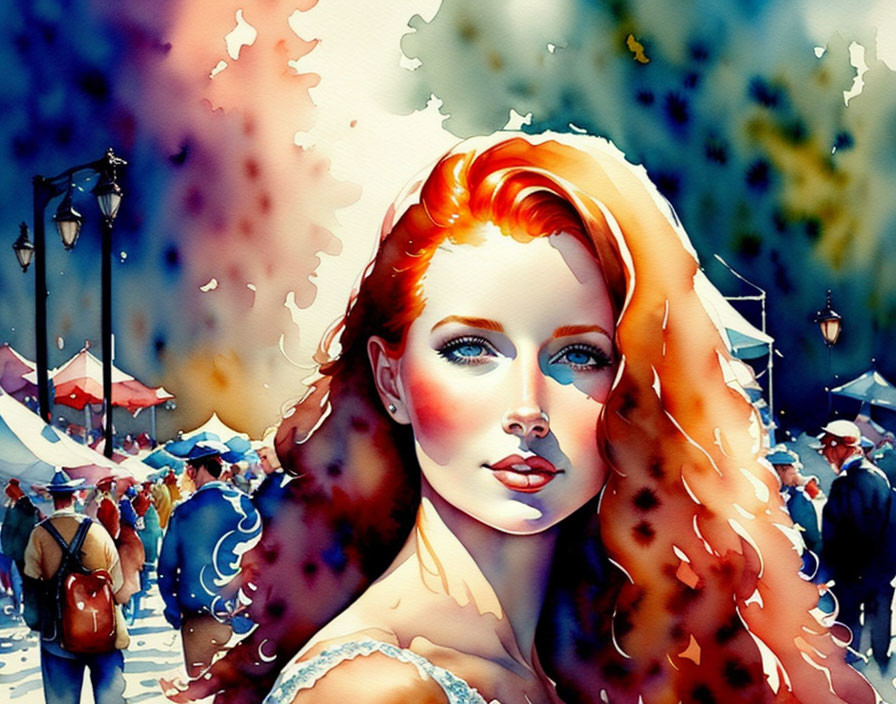 Watercolor painting: Woman with Red Hair & Blue Eyes in Colorful Market Scene