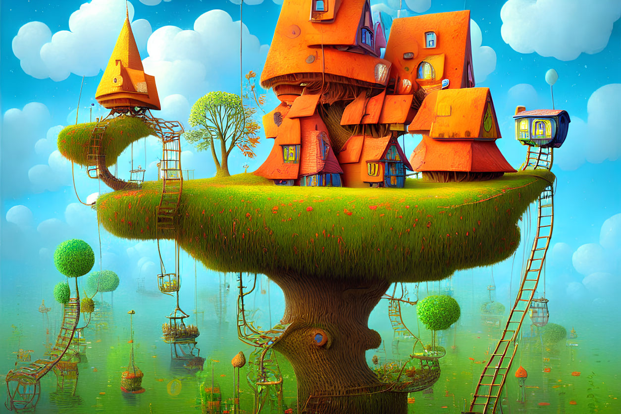 Illustration of giant tree with quirky village and floating islands