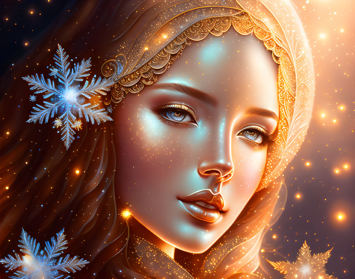 Digital Artwork: Woman with Golden Headdress and Snowflake Accents on Starry Night Background