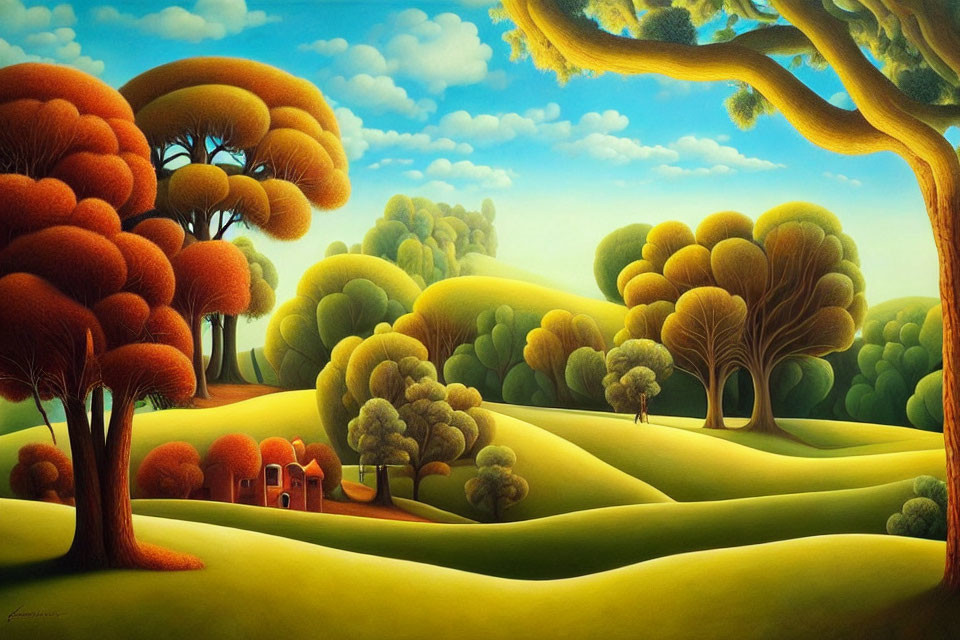 Whimsical landscape painting with green hills, orange trees, house, and figure.